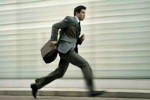 Businessman run fast to work motion suit. Generate Ai photo