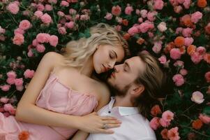 Couple romantic in roses flowers field. Generate Ai photo