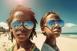 niños playa divertido en Gafas de sol. generar ai foto