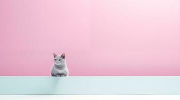 Cat sitting on the edge of a pastel wall. AI Generated photo