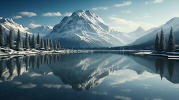 a mountain range is reflected in a lake. AI Generated photo