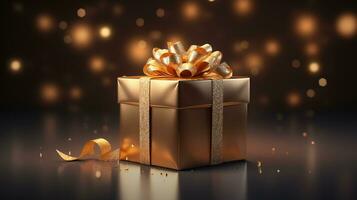 golden gift box with ribbon and gold bow on a dark background. AI Generated photo