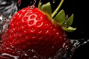 Strawberry in water splashes on a black background close up - AI generated photo