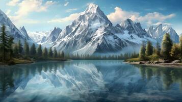 a mountain lake surrounded by trees and mountains. AI Generated photo