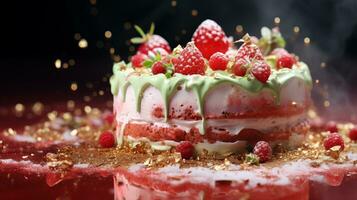 Birthday cake with raspberries and mint on a red background - AI generated photo