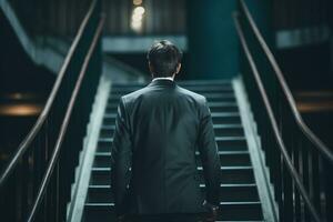 Back view of a young businessman standing on the stairs in an office building. AI Generated photo