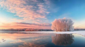 Beautiful winter landscape with trees on the shore of a frozen lake at sunset. AI Generated photo