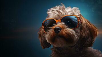 a dog wearing sunglasses on a dark background. AI Generated photo