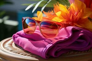 Sunglasses and colorful clothes on the table. Selective focus. AI Generated photo