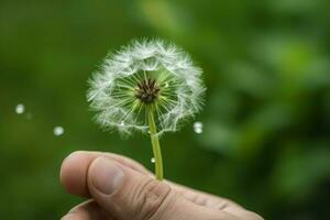 Closeup shot of dandelion in human hand. Generate ai photo