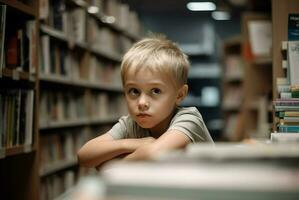 Child boy posing in book store. Generate ai photo