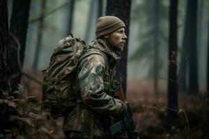 hombre mochila camuflaje en bosque humano. generar ai foto