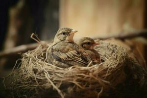 Birds sitting in wild tree nest. Generate ai photo