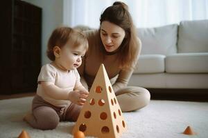 Mother playing with baby girl pyramid toy. Generate ai photo