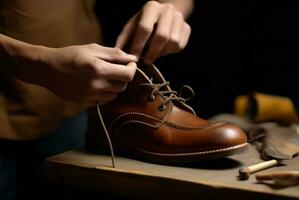 Craftsman professional care leather shoes work place. Generate Ai photo