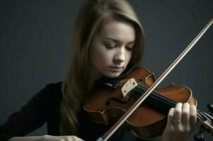 mujer jugando violín música jugar. generar ai foto