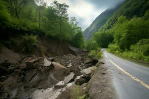 Destroyed road asphalt mountains disaster. Generate Ai photo