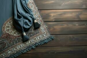 musulmán oración esquina alfombra en de madera piso. generar ai foto