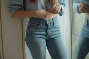 Woman wearing stylish high waist jeans. Generate ai photo