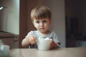 Little boy yogurt. Generate Ai photo