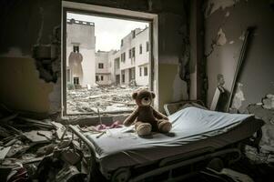 Bear on hospital bed, bombed city damage. Generate Ai photo