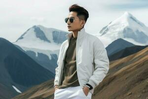 Stylish guy posing in white raglan sleeve jacket in mountains. Generate ai photo