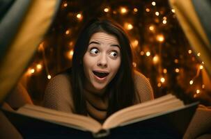 mujer con asombrado cara ocio leyendo libro tiempo. generar ai foto