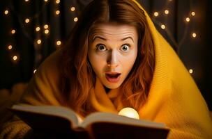 mujer con sorprendido cara leyendo libro. generar ai foto