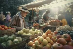 personas elegir Fresco orgánico frutas en el mercado. generar ai foto