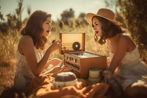 joven muchachas a al aire libre picnic. generar ai foto