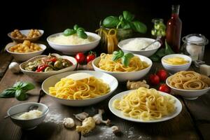 Table with Italian pasta dishes menu. Generate ai photo