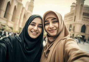 selfie de musulmán mujer grupo a calle. generar ai foto