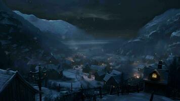 mooi visie van een dorp Bij nacht in een verkoudheid besneeuwd regio illustratie stijl. naadloos looping 4k timelapse video animatie achtergrond