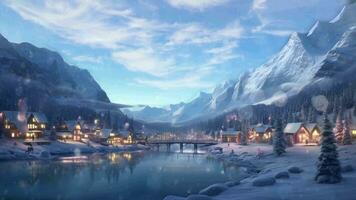 View of the river with a bridge connecting two villages in a cold snowy region. Illustration style. seamless looping 4K timelapse video animation background