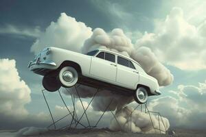 White car surrealistic lifting in the clouds. Generate ai photo