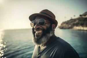 Black male adult laughing on sea vacation. Generate ai photo