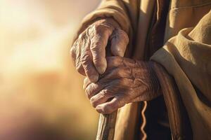 Elderly hands man on cane. Generate Ai photo