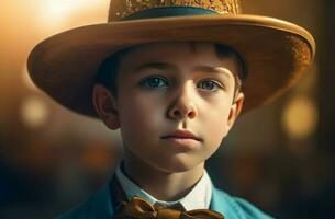 Western boy with hat portrait. Generate Ai photo