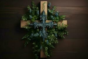 Wooden cross with flower decoration branches. Generate ai photo