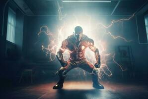 Lightning explosions around angry superhero body. Generate ai photo