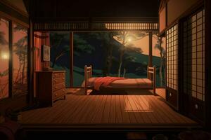 japonés habitación en noche tiempo. generar ai foto