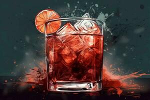 Glass of red cocktail with ice cubes illustration. Generate ai photo