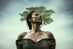 mujer conexión naturaleza verde árbol. generar ai foto