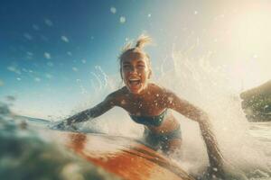 Female surfer fun beach. Generate Ai photo