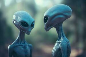 Extraterrestrial creatures talking outdoor. Generate ai photo