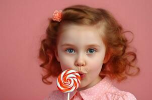 Cute curly girl licking lollipop. Generate ai photo