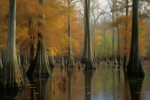 Cypress autumn trees pond scene. Generate Ai photo