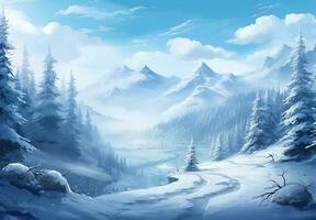 AI generated Snow background and tree winter with copy space scene background photo