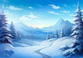 AI generated Snow background and tree winter with copy space scene background photo
