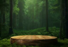 ai generado madera y Roca rebanada redondo Dto podio con montaña antecedentes podio en bosque para producto presentación foto